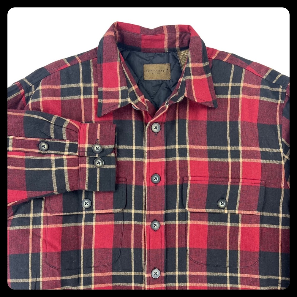 Towncraft Flannel Jacket Shacket Men's MEDIUM Red Black Plaid Quilted Pockets‎
